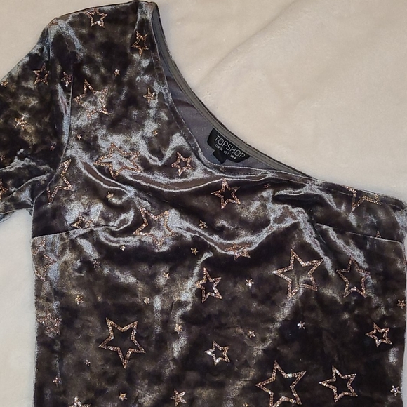 Topshop Size 2 Velvet Holiday Glitter Star Green Off Shoulder Dress - Picture 2 of 10